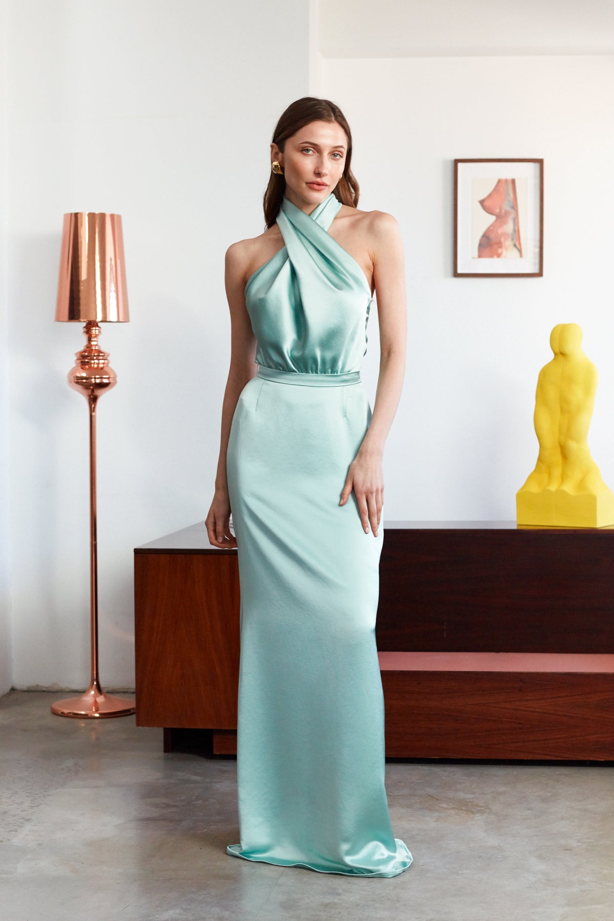ALIUR Mint Green Satin X Neckline Evening Maxi Dress