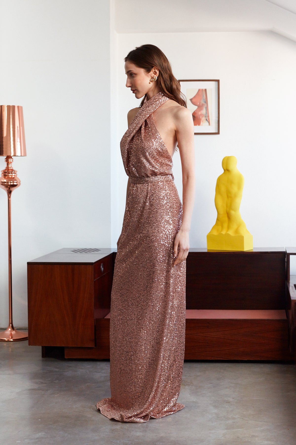 ALTA Pastel Peach Sequin X Neckline Evening Maxi Dress