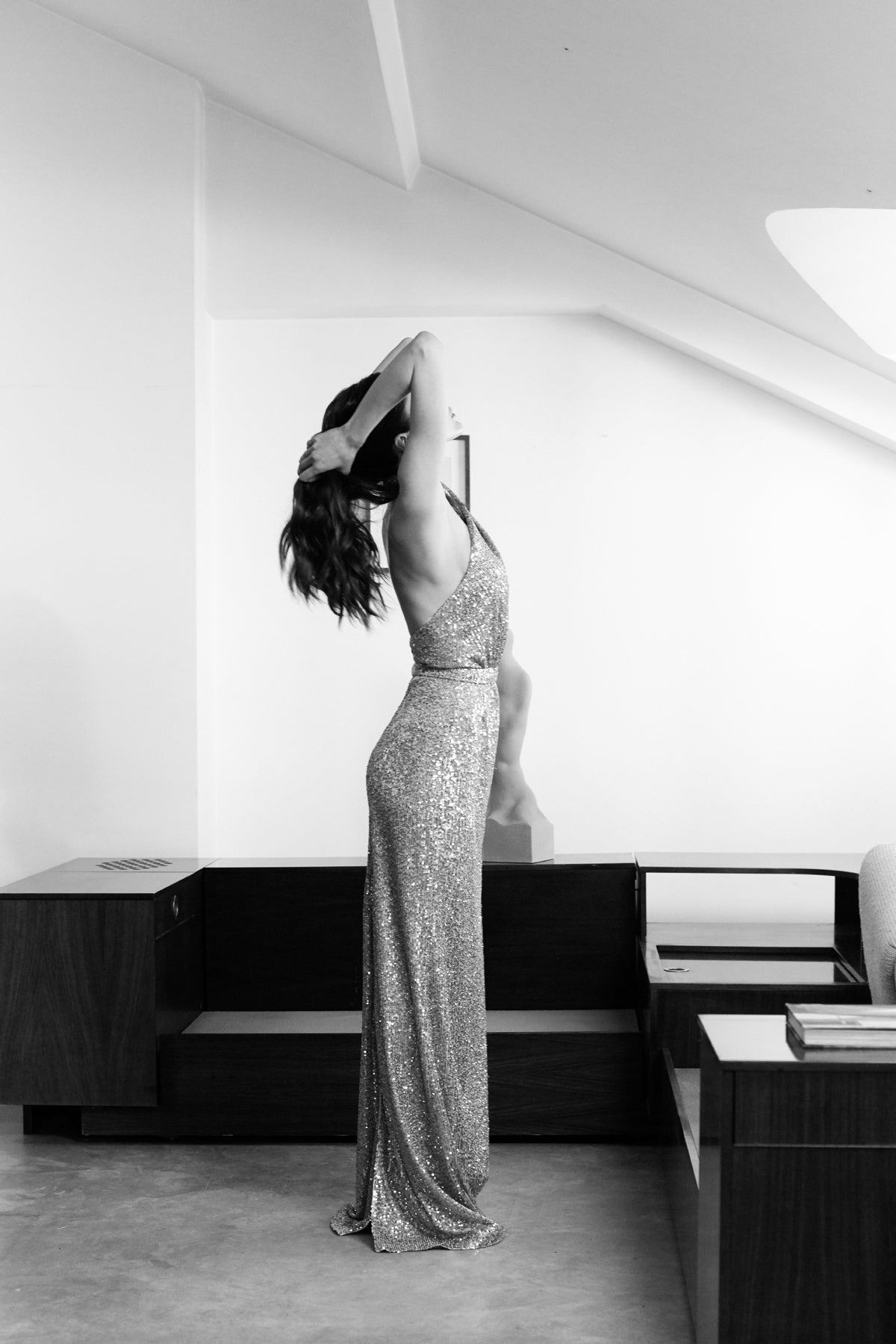 ALTA Pastel Peach Sequin X Neckline Evening Maxi Dress