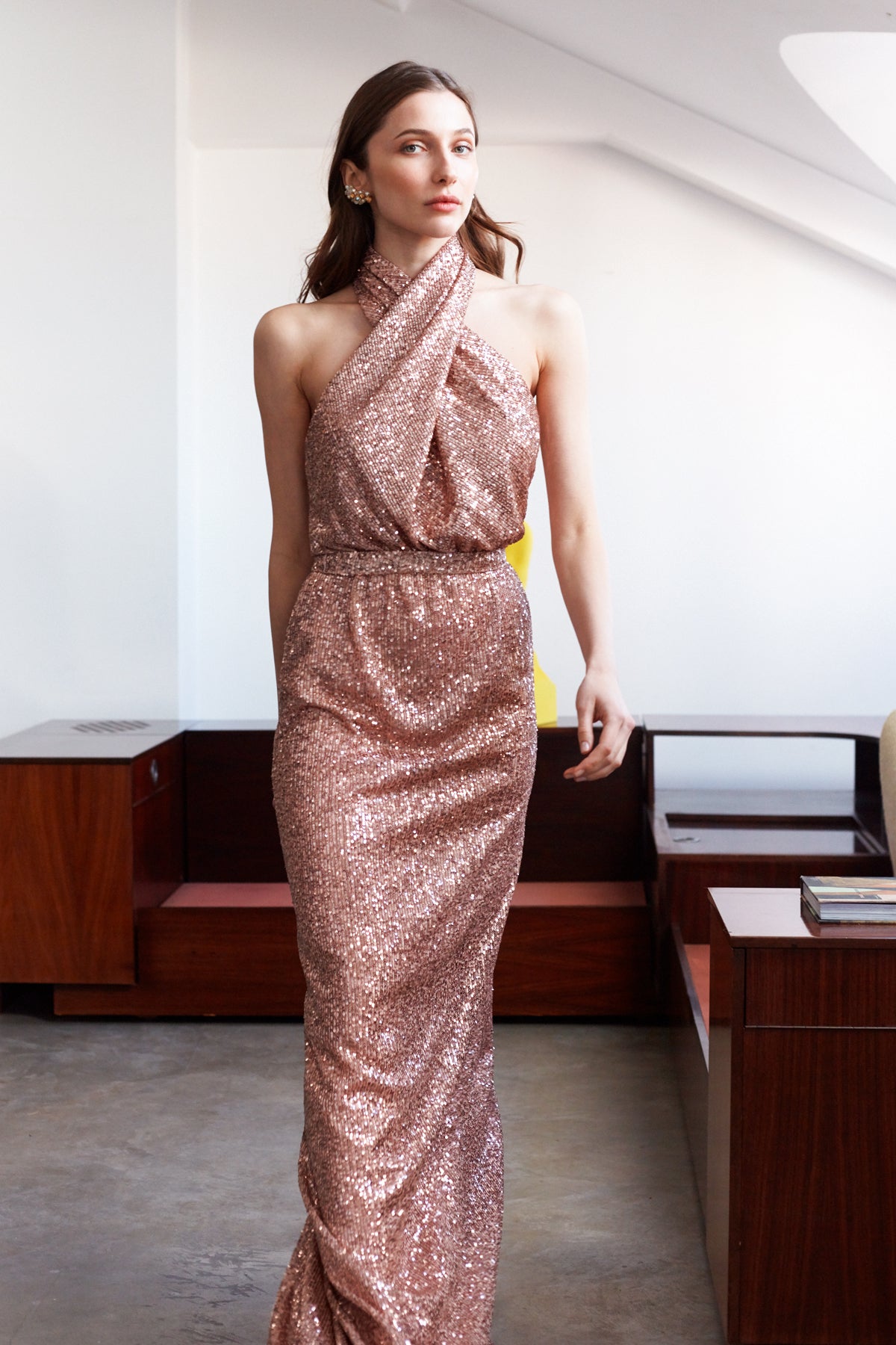 ALTA Pastel Peach Sequin X Neckline Evening Maxi Dress