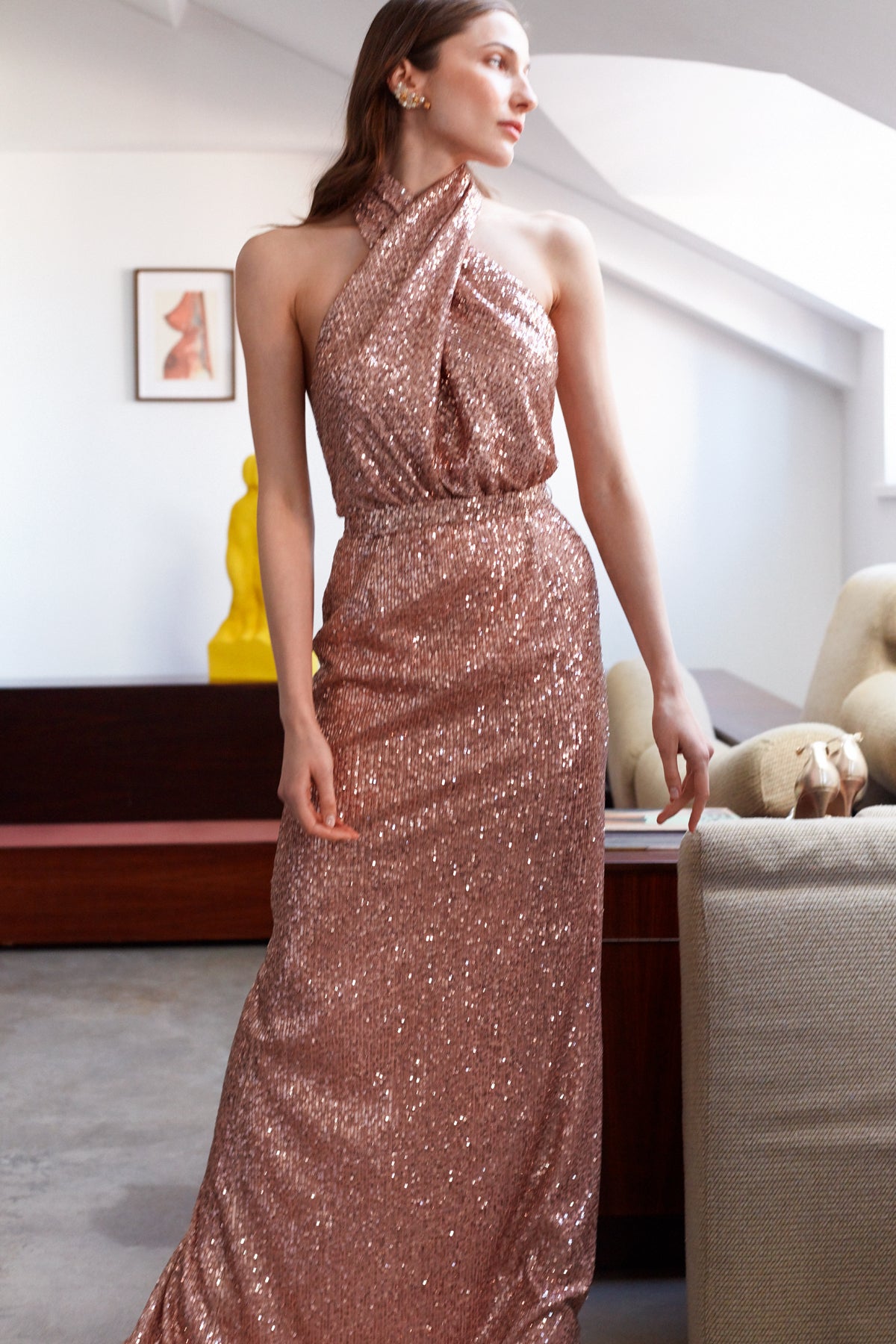 ALTA Pastel Peach Sequin X Neckline Evening Maxi Dress