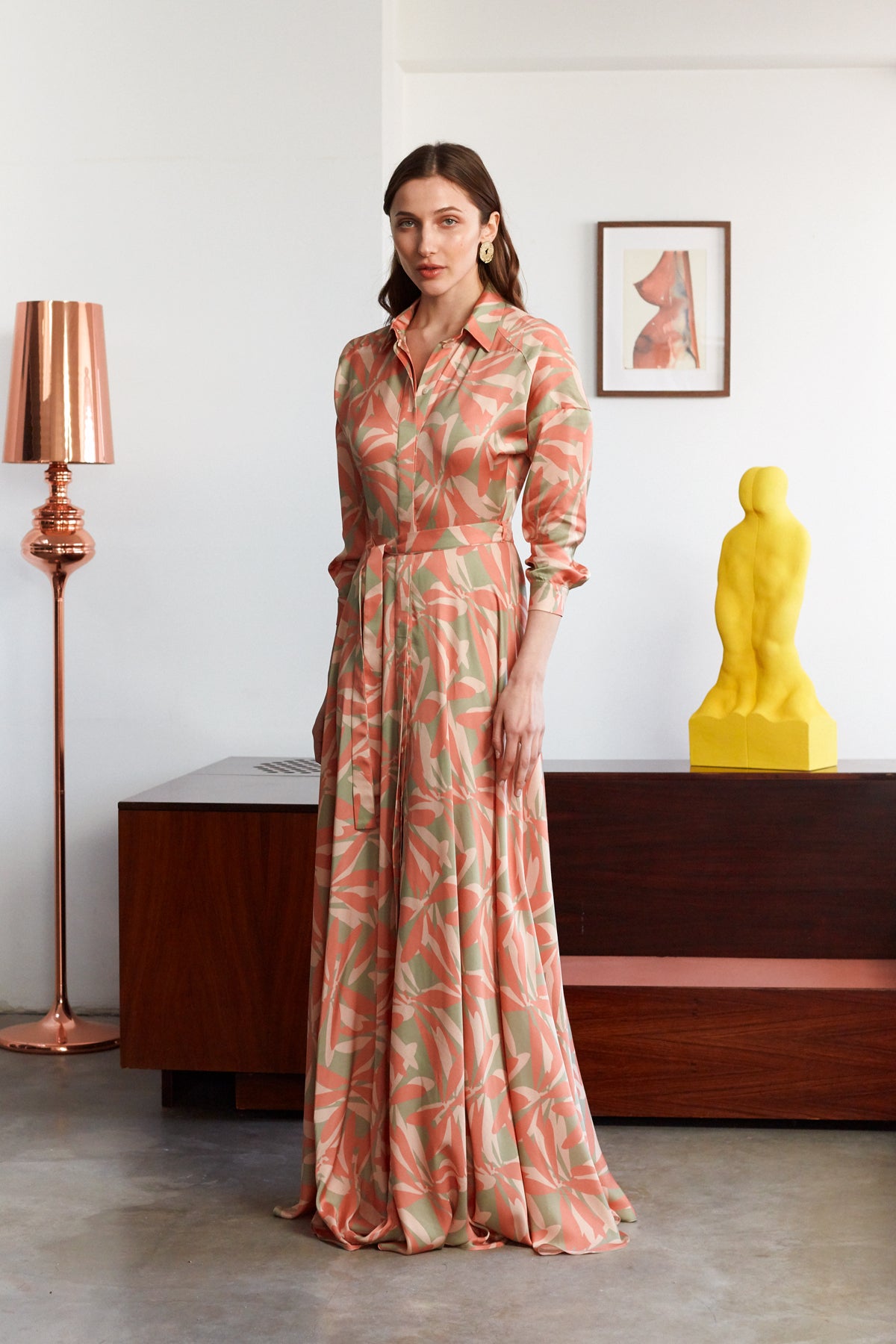 AYDA Floral Printed Pastel Raglan Sleeves Maxi Shirt Dress With Circle Skirt