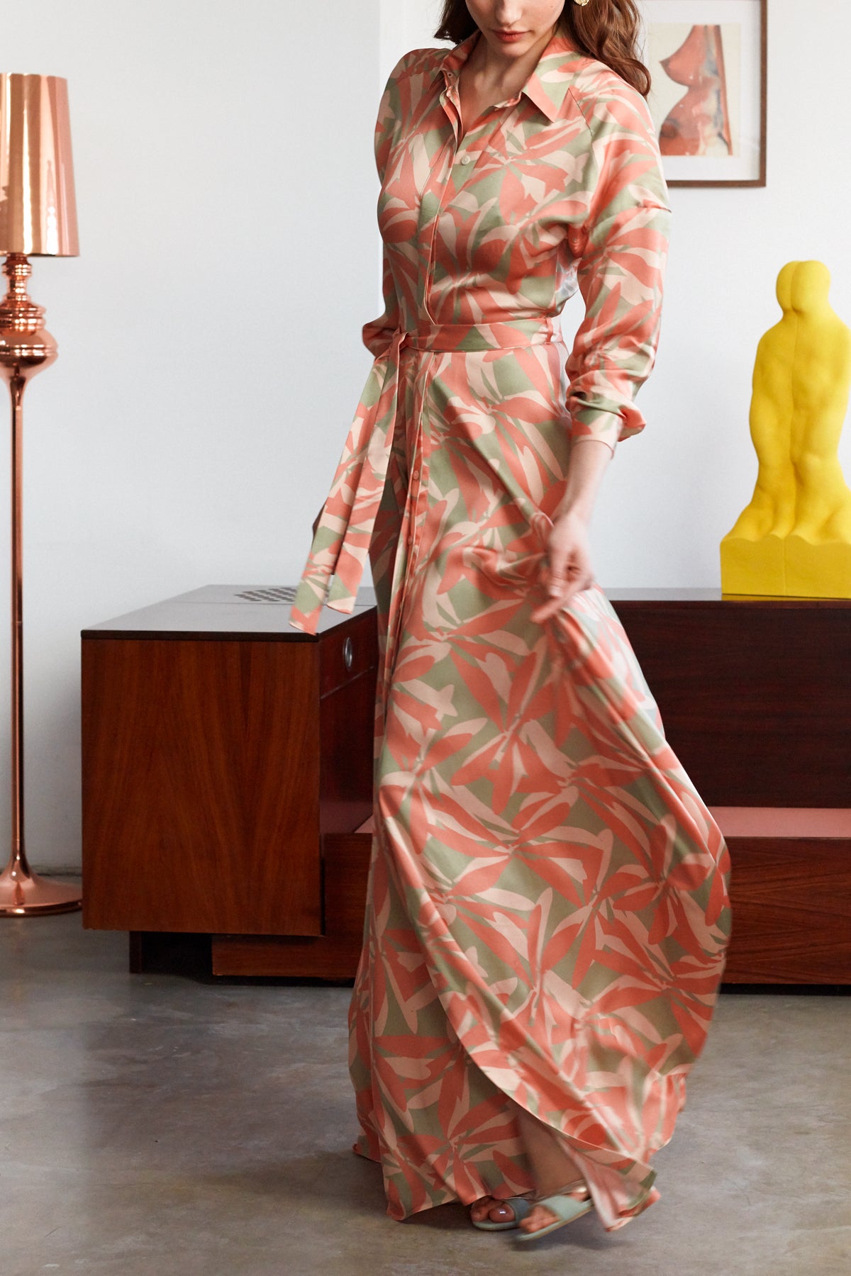 AYDA Floral Printed Pastel Raglan Sleeves Maxi Shirt Dress With Circle Skirt