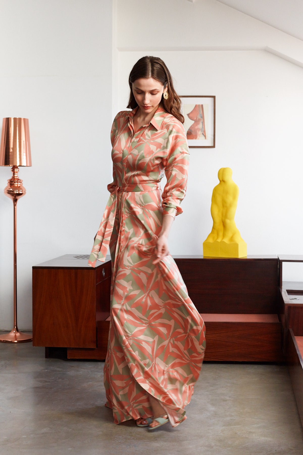 AYDA Floral Printed Pastel Raglan Sleeves Maxi Shirt Dress With Circle Skirt