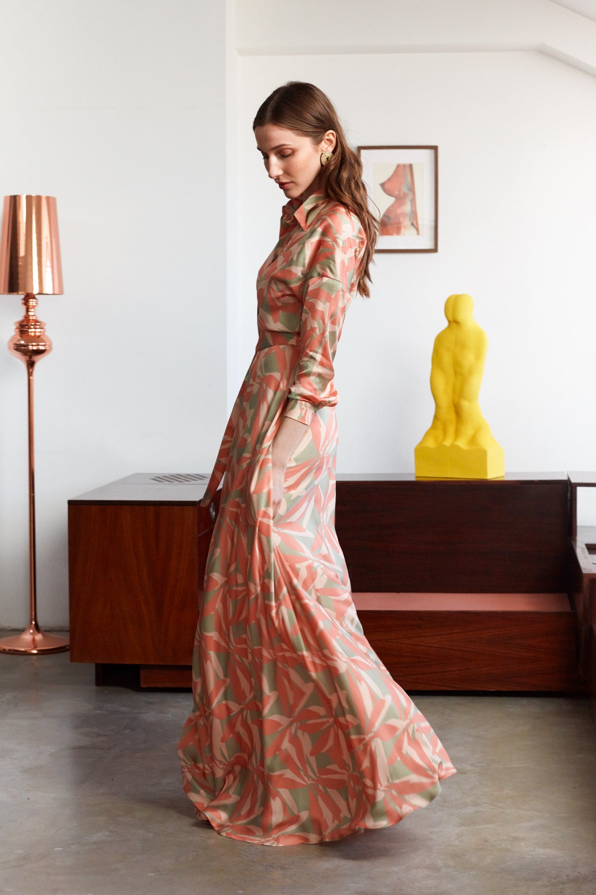 AYDA Floral Printed Pastel Raglan Sleeves Maxi Shirt Dress With Circle Skirt