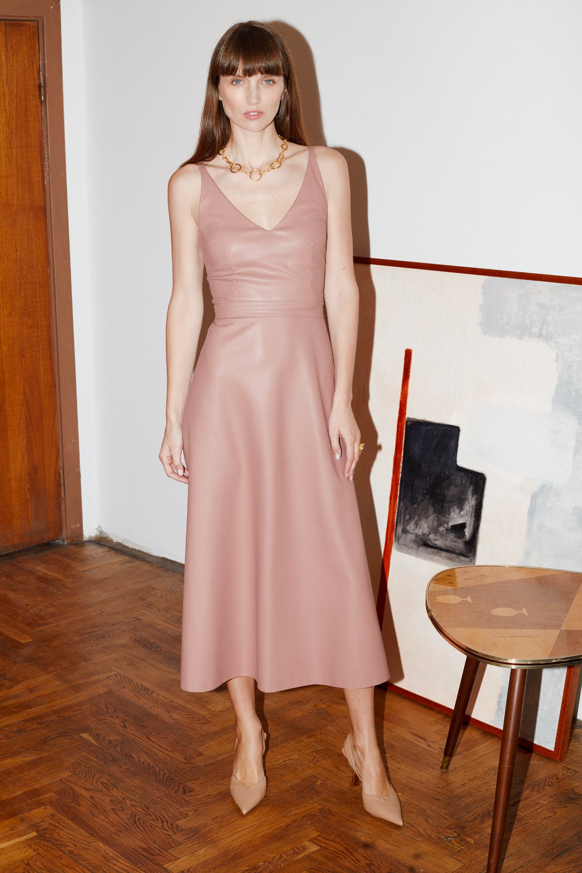 Anya Peach Beige Soft Vegan Leather Midi Dress With Mermaid Skirt