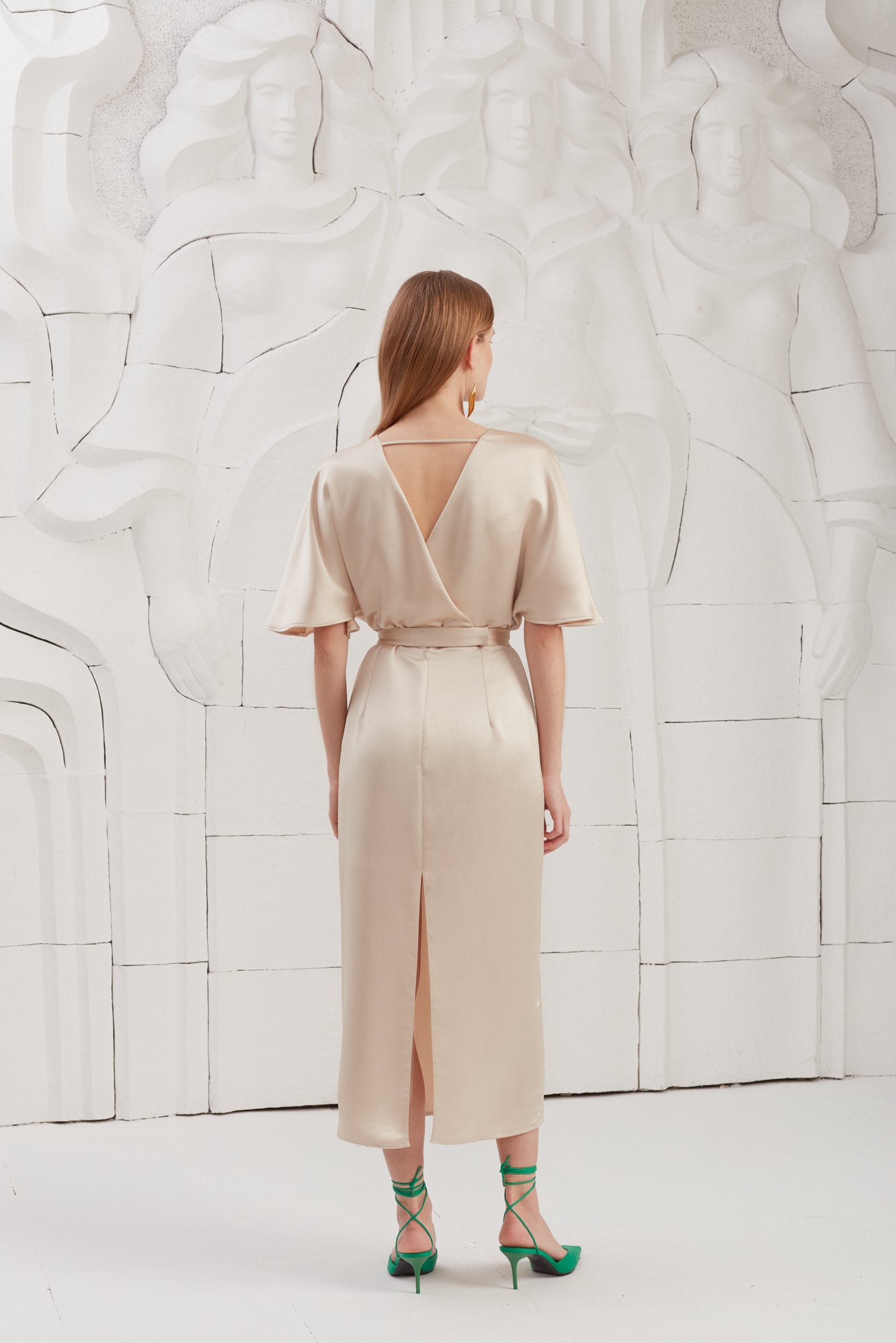 GINA Champagne Midi Dress With Butterfly Sleeves And Pencil Skirt