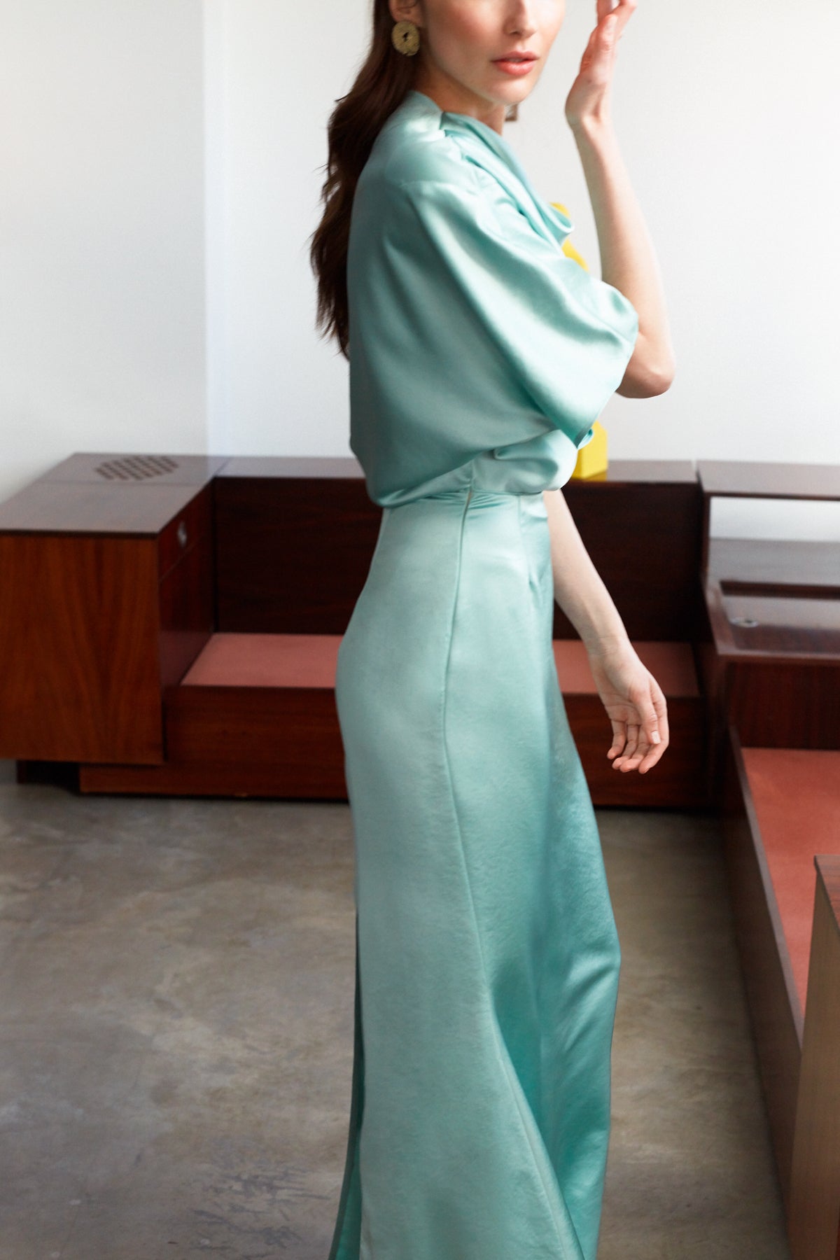 HELEN Mint Green Satin Asymmetric Maxi Evening Dress