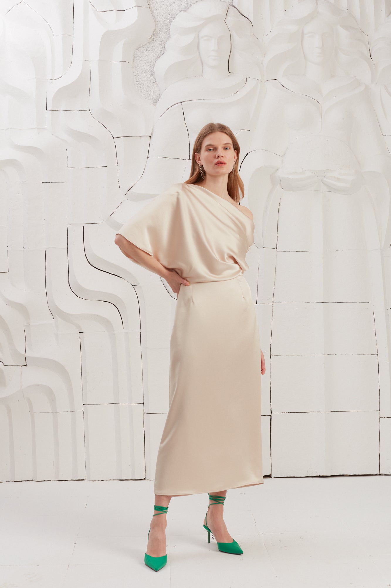 Champagne satin asymmetric midi dress ILENE