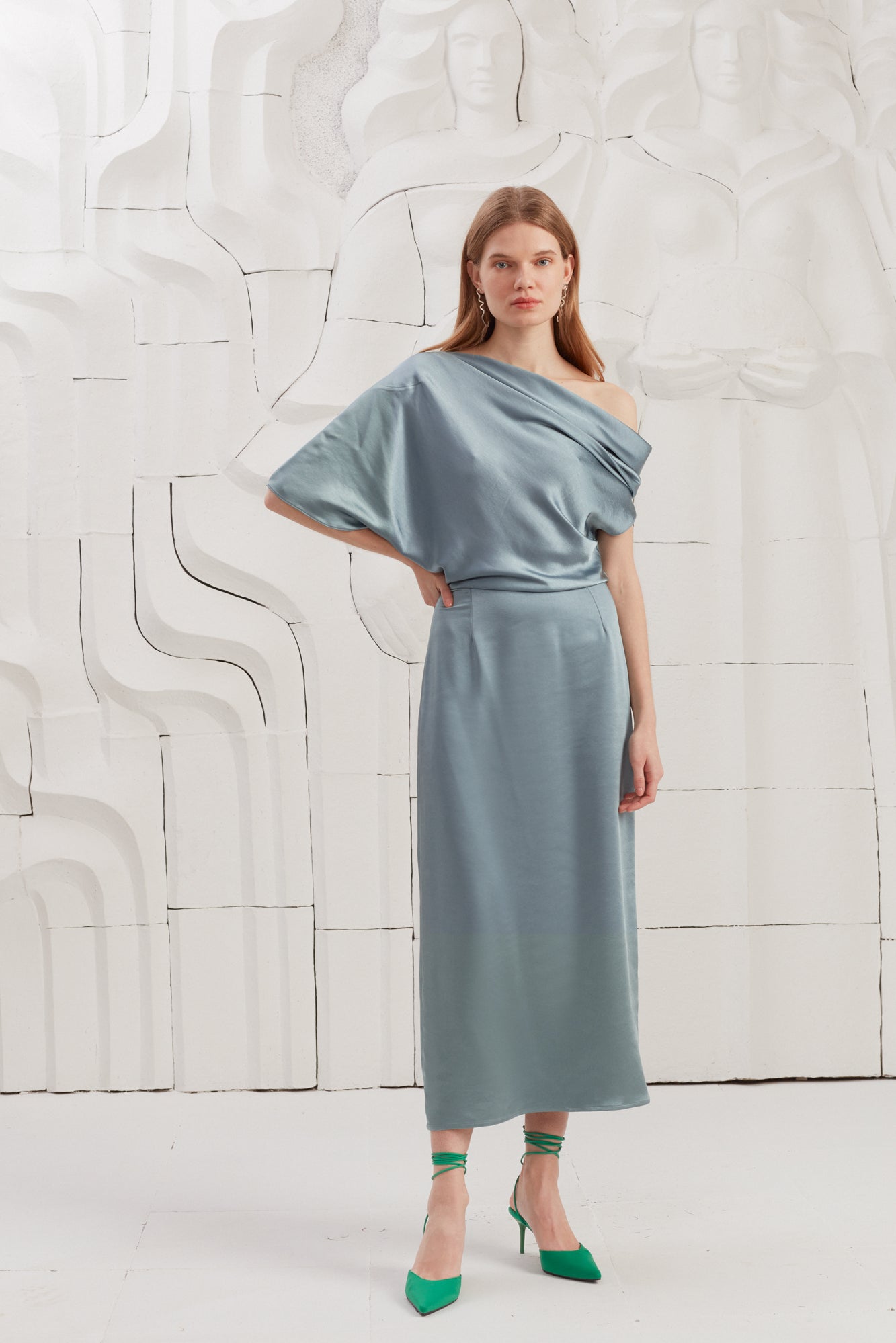ILENE Stone Blue Satin Asymmetric Midi Evening Dress
