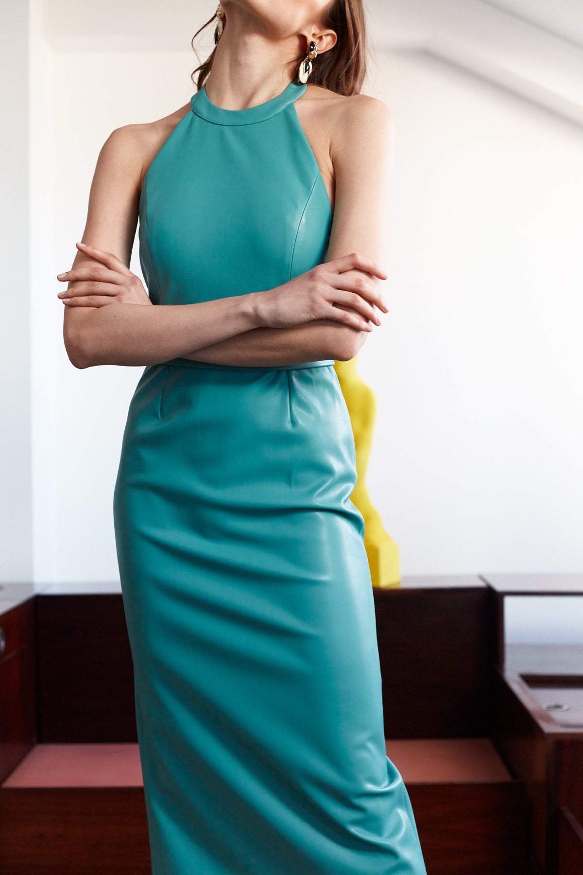LOREN Teal Blue Soft Vegan Leather Halter Neck Open Back Midi Dress 