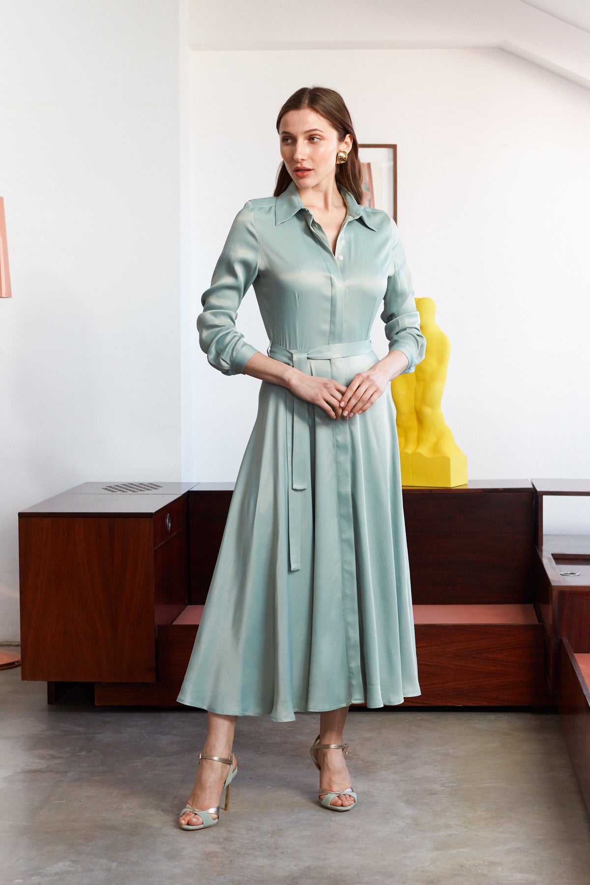 NOELA Cadet Blue Midi Shirt Dress With Circle Skirt