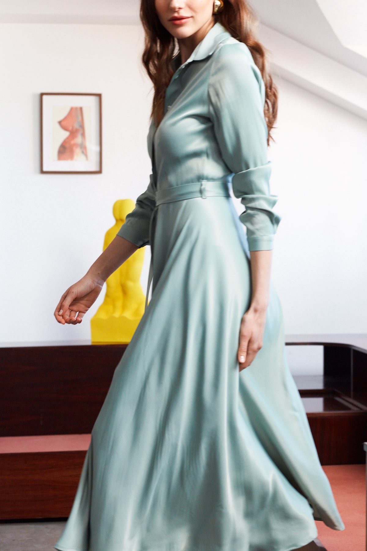 NOELA Cadet Blue Midi Shirt Dress With Circle Skirt