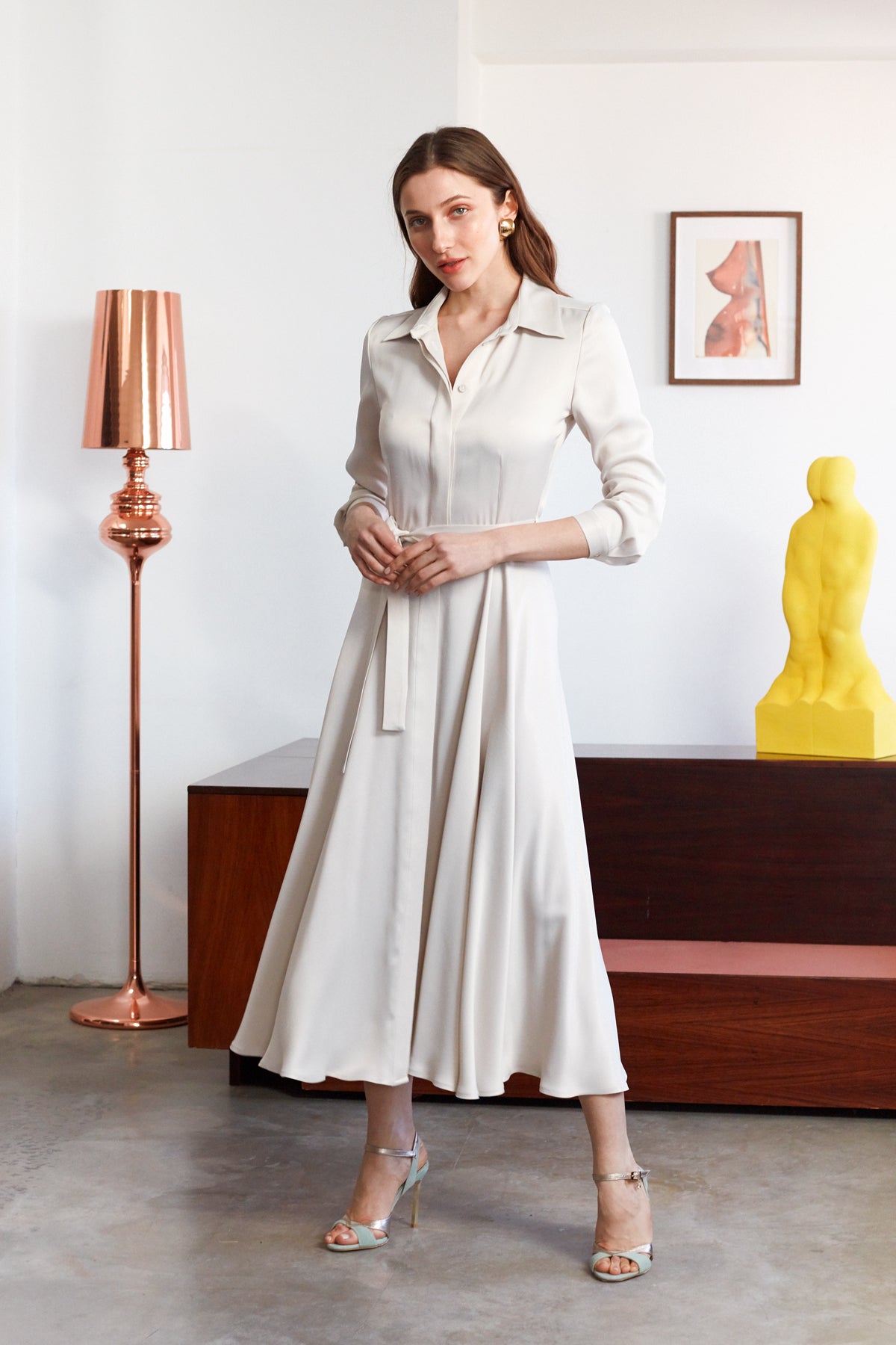 NOELA Pearl White Midi Shirt Dress With Circle Skirt