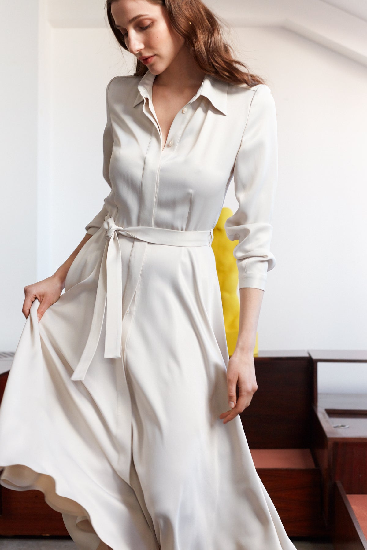 NOELA Pearl White Midi Shirt Dress With Circle Skirt