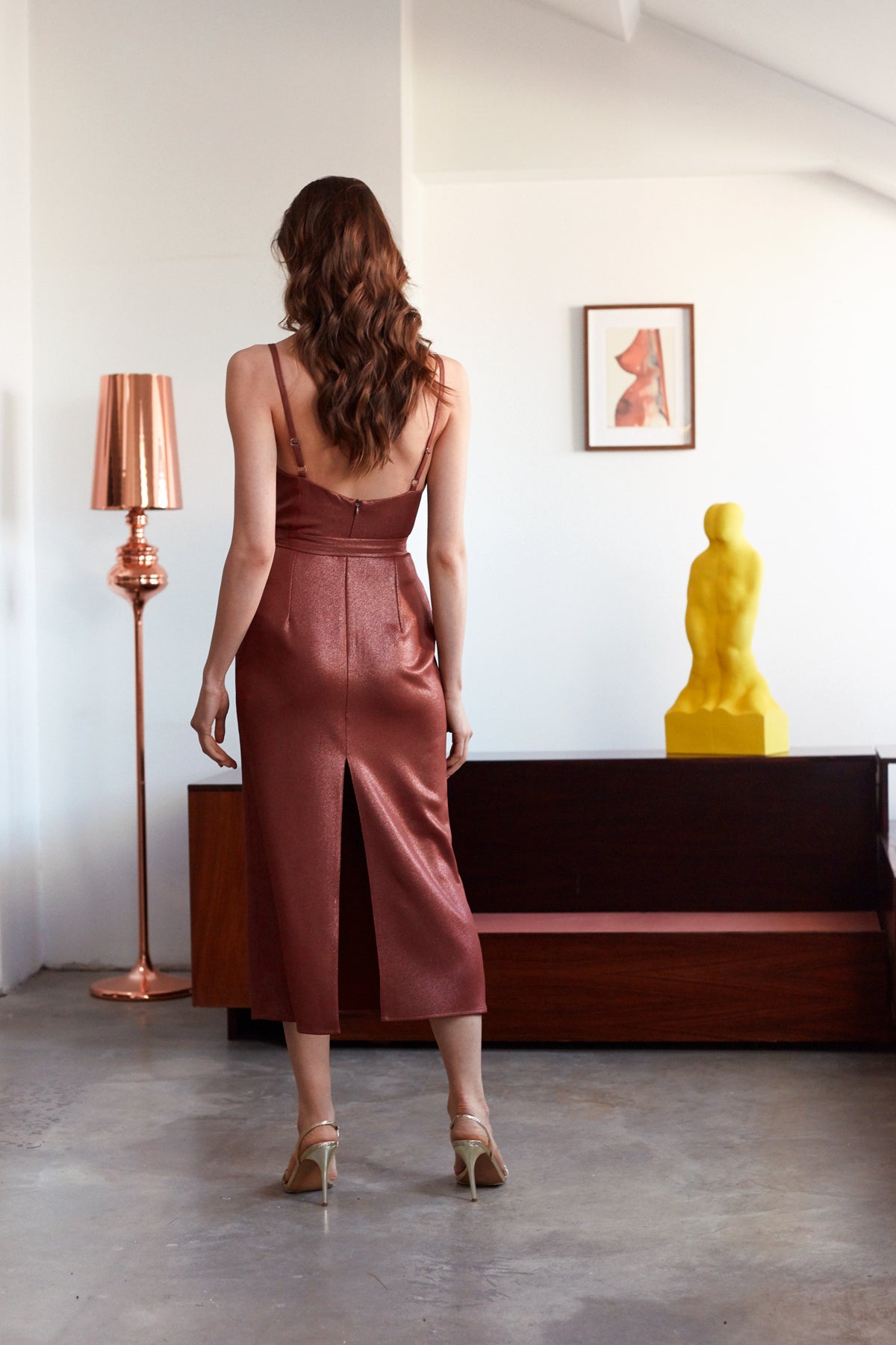 OLIVIA Shimmer Caramel Brown Midi Dress
