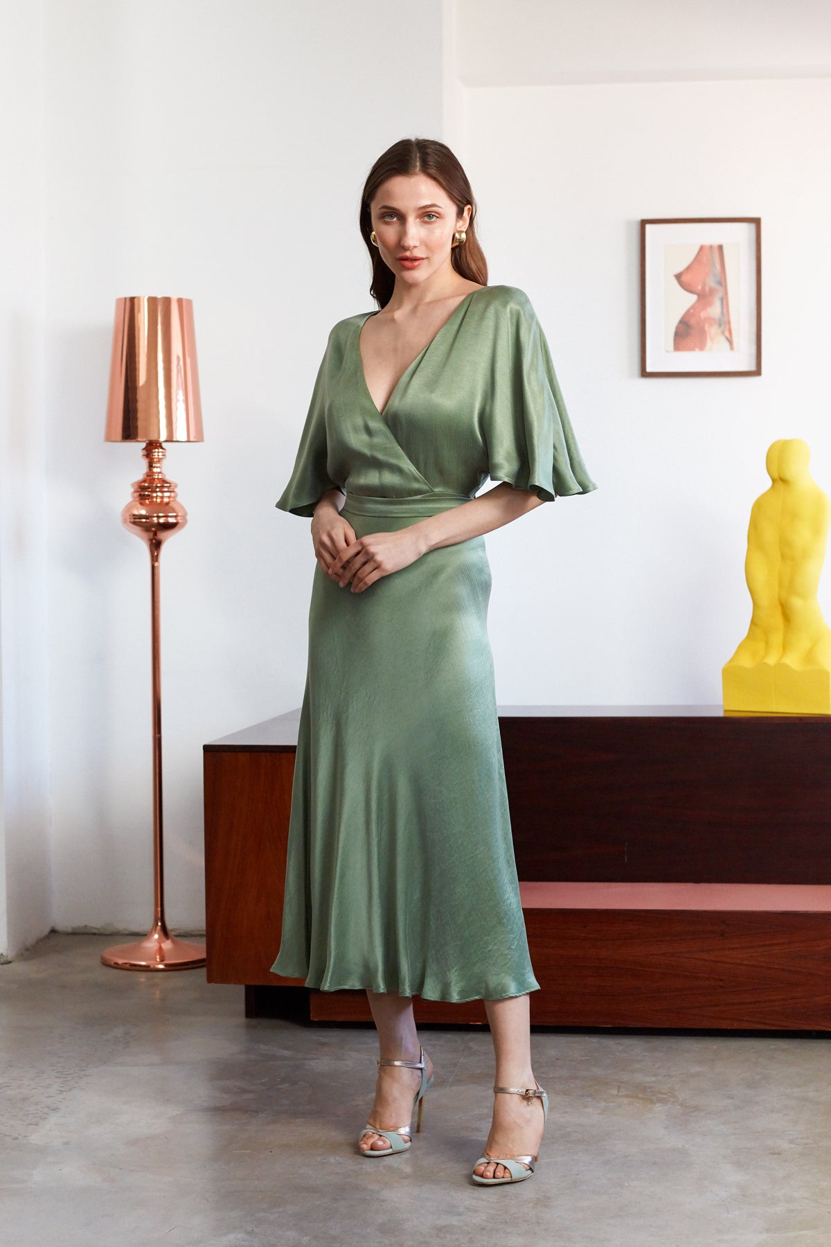 SONYA Fern Green Midi Dress With Butterfly Sleeves And Mermaid Skirt