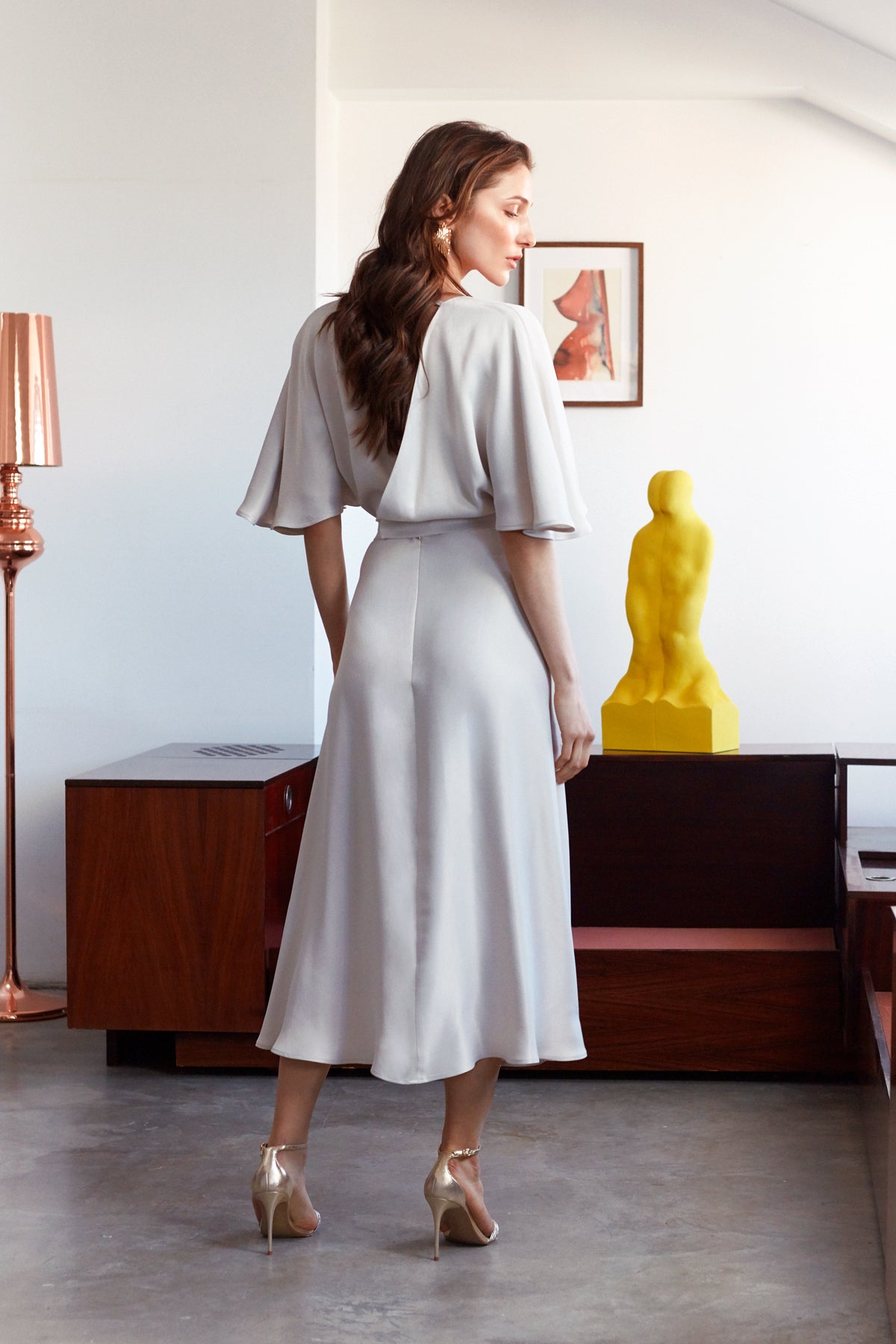 SONYA Pearl White Midi Dress With Butterfly Sleeves And Mermaid Skirt