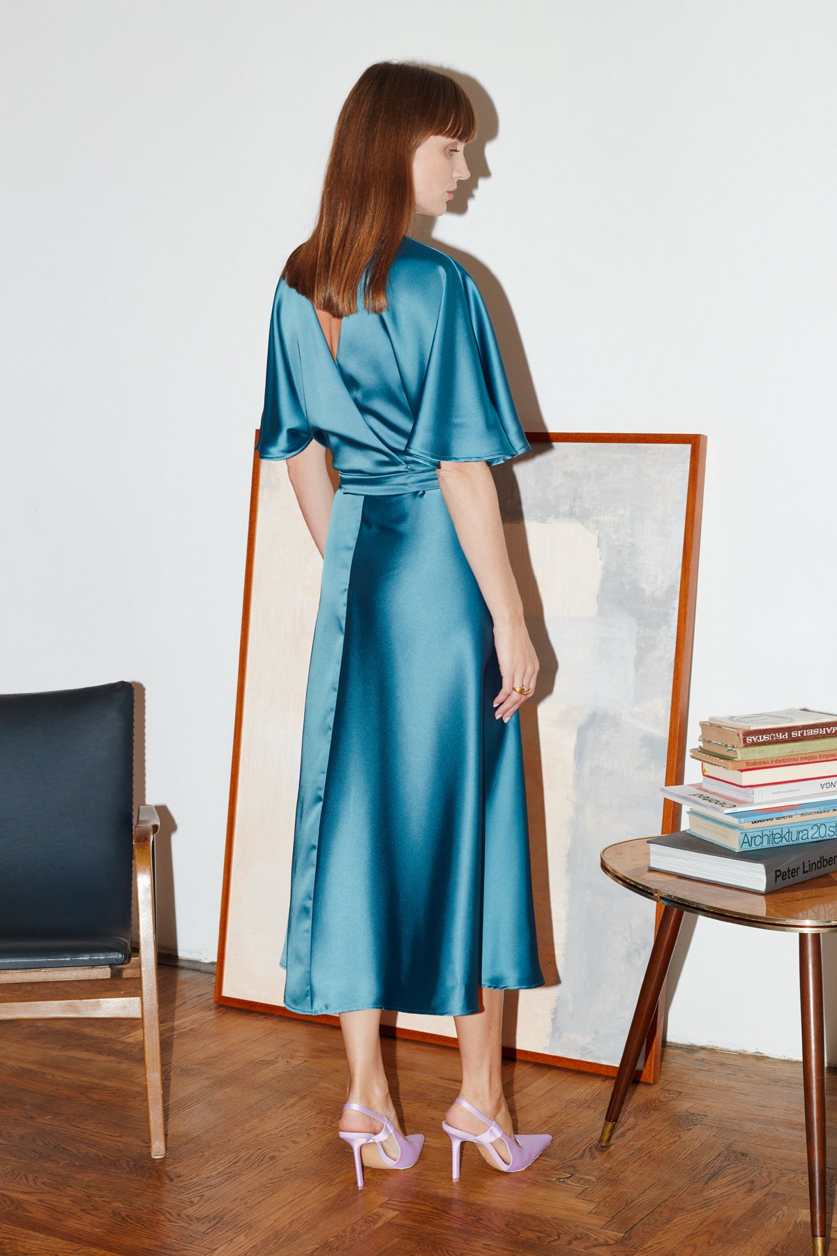 Sonya Petrol Blue Midi Dress With Butterfly Sleeves And Mermaid Skirt