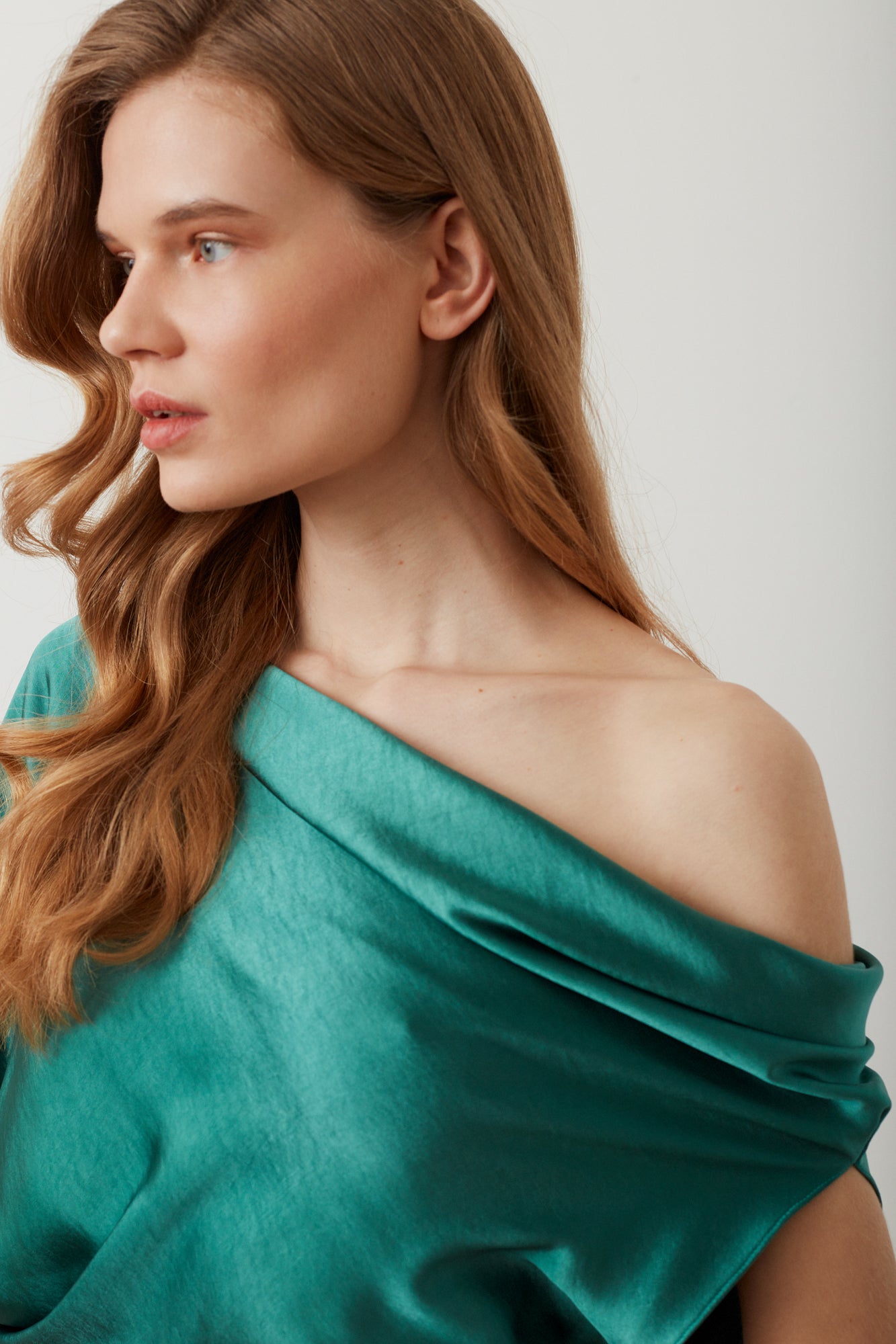 Teal green satin open shoulder dress 