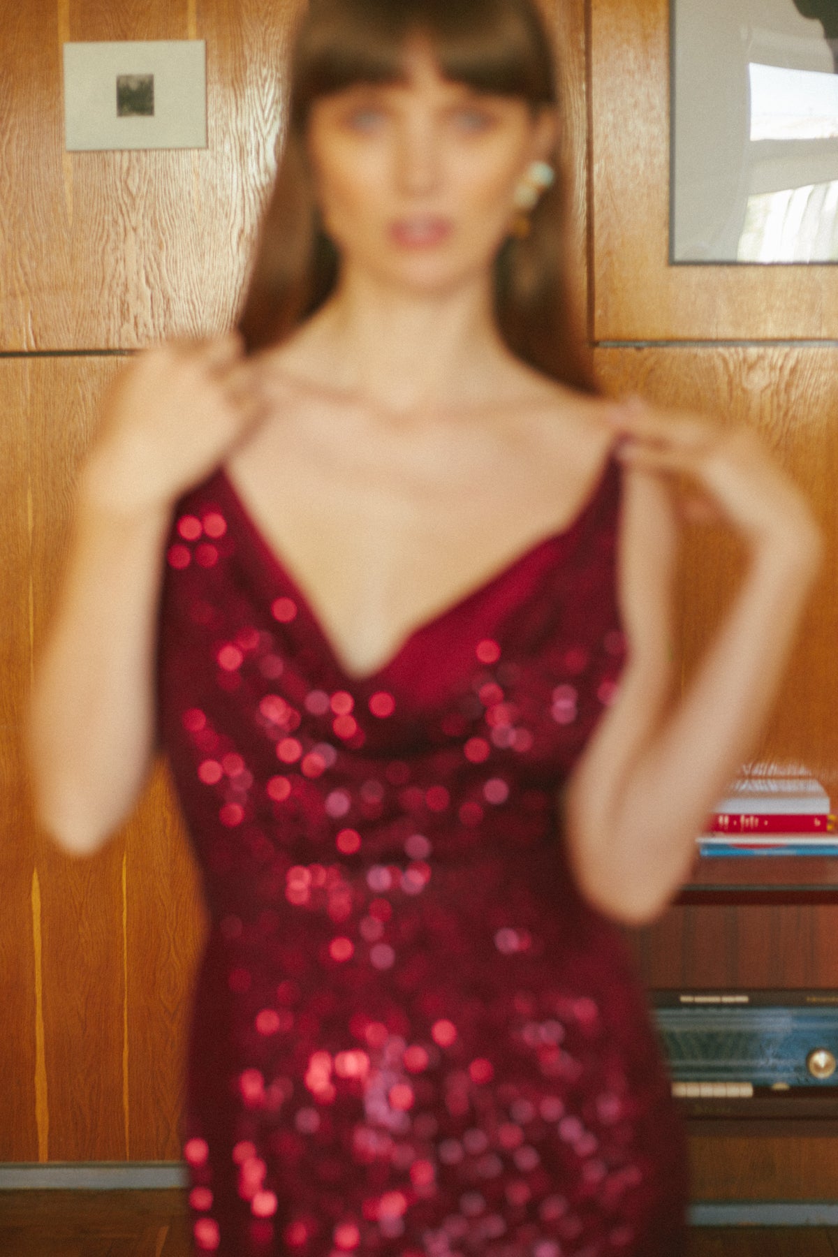 Berta Red Wine Sequin Draped Front Open Back Midi Dress
